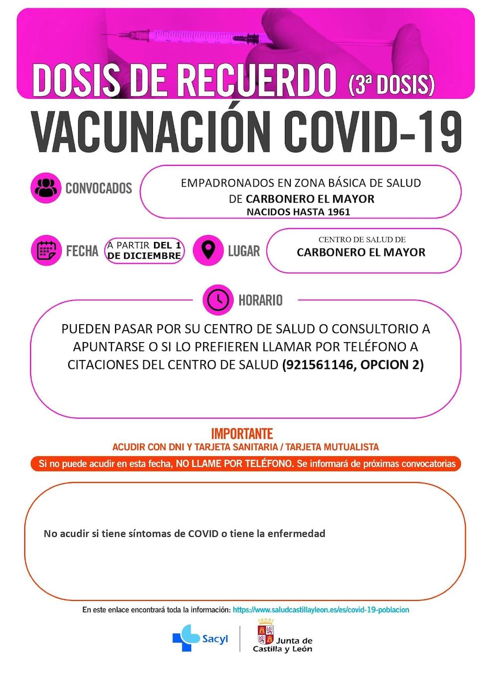 Horarios de vacunación en la zona básica de Carbonero el Mayor.