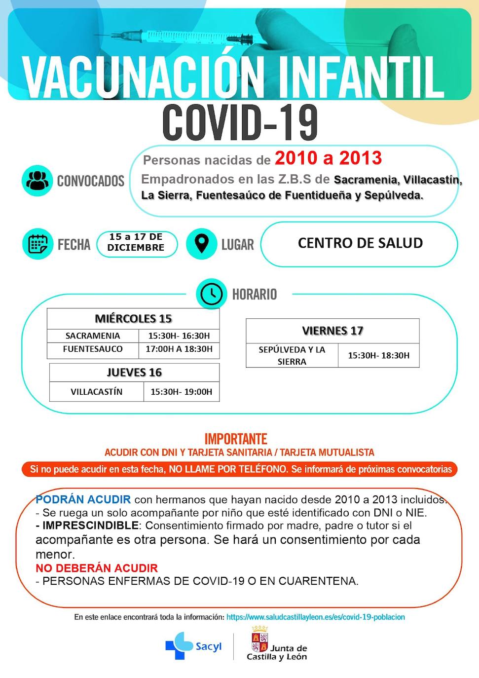 Información y horarios sobre la vacunación en Sacramenia, Villacastín, La Sierra, Fuentesaúco y Sepúlveda.