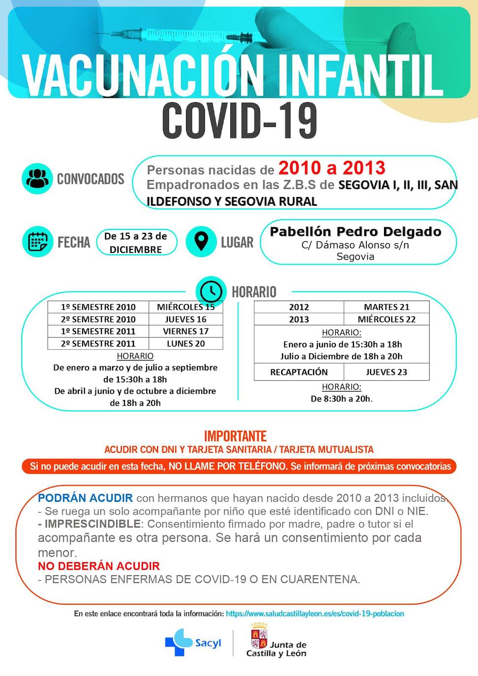 Información y horarios sobre la vacunación infantil en Segovia.