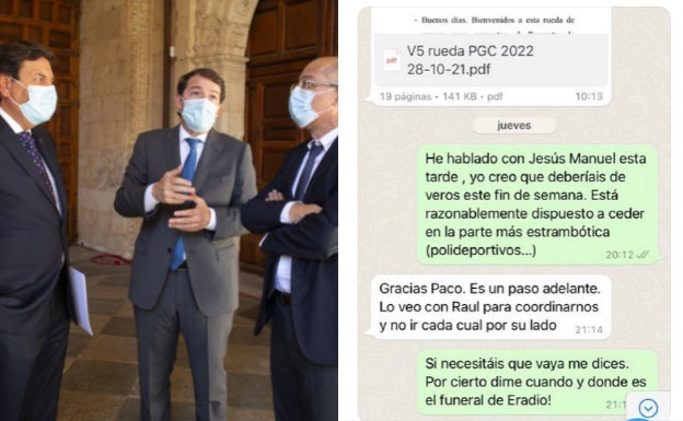 Carriedo, Mañueco e Igea, en julio, en Salamanca. A la derecha, los mensajes del exvicepresidente. 