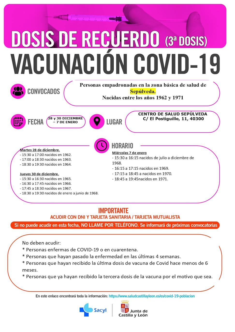 Calendario de vacunación con terceras dosis en la zona de Sepúlveda.