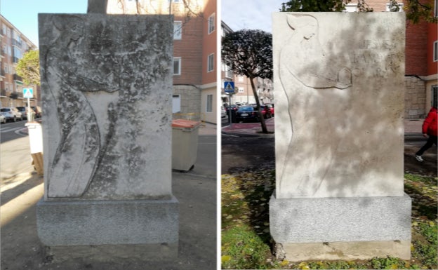 El antes (izquierda) y el después (derecha) de la reciente limpieza del monumento franquista del Cuatro de Marzo.