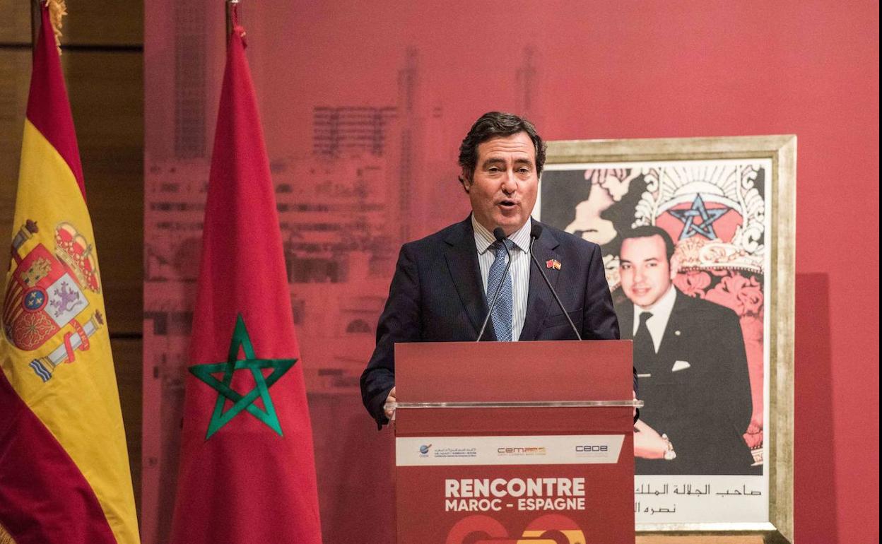 El presidente de la CEOE, Antonio Garamendi, en un acto en Rabat (Marruecos).