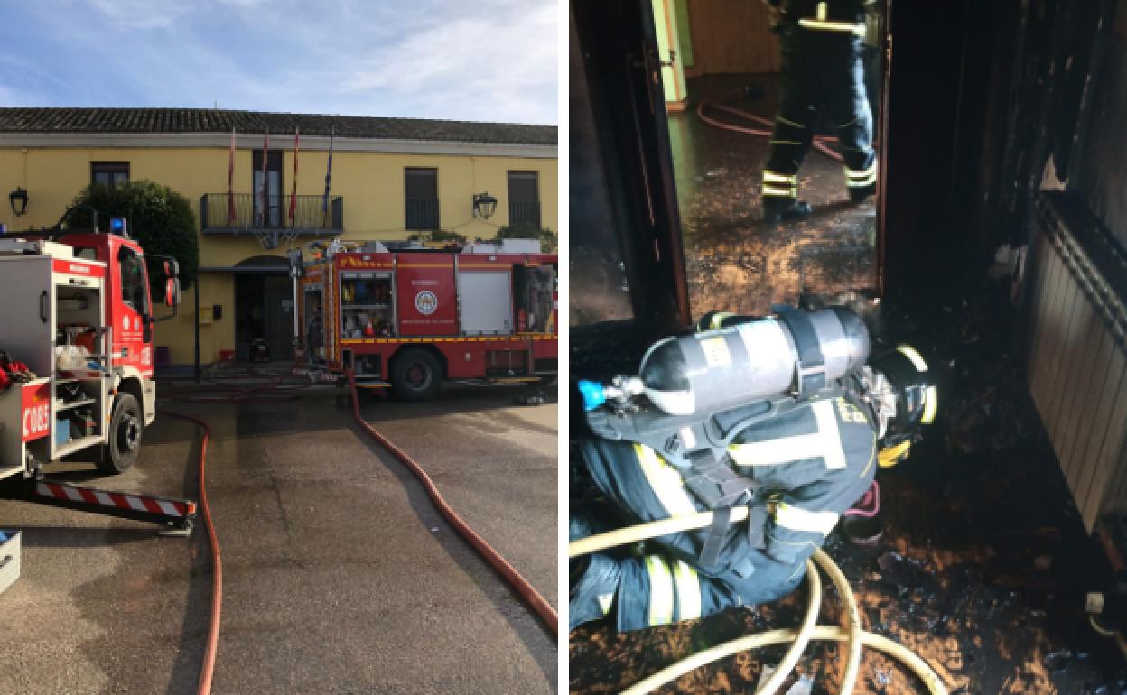 Dos camiones de Bomberos de la Diputación de Valladolid frente al Ayuntamiento de San Miguel del Pino y un efectivo durante los trabajos de extinción del fuego. 