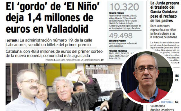 A la izquierda, portada de El Norte de Castilla con José Carlos Rebollo celebrando en la imagen el reparto de diez décimos del primer premio del sorteo de El Niño de 2002, en detalle, el lotero en la actualidad