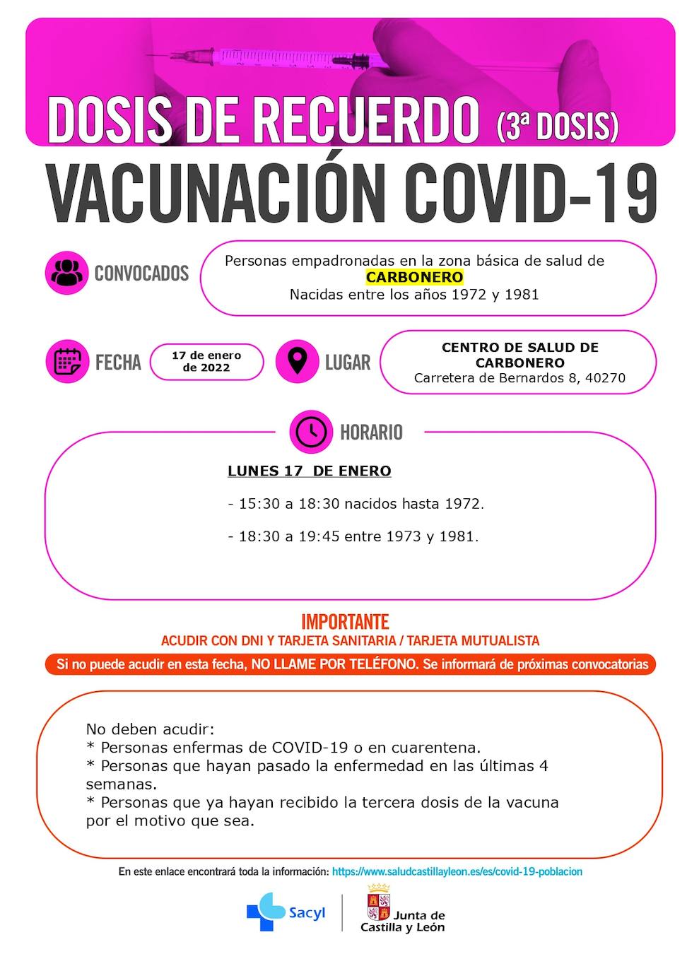 Información y horarios sobre la vacunación con terceras dosis en Carbonero el Mayor.