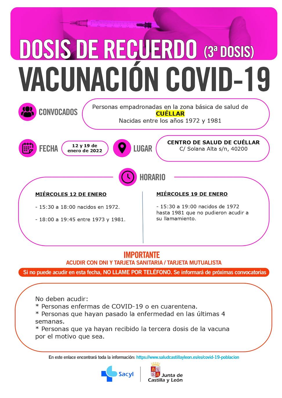 Información y horarios sobre la vacunación con terceras dosis en Cuéllar.