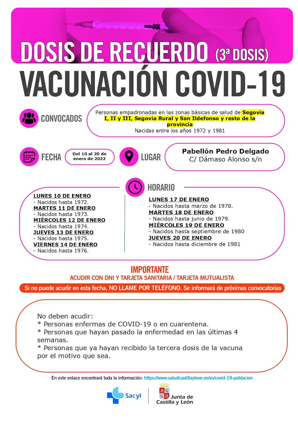 Información y horarios sobre la vacunación con terceras dosis en el Pedro Delgado.