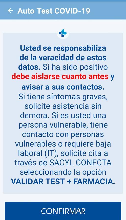 Pantalla de confirmación del positivo por test de antígenos. Una vez confirmado, volver a la home o página de inicio para pedir cita. 