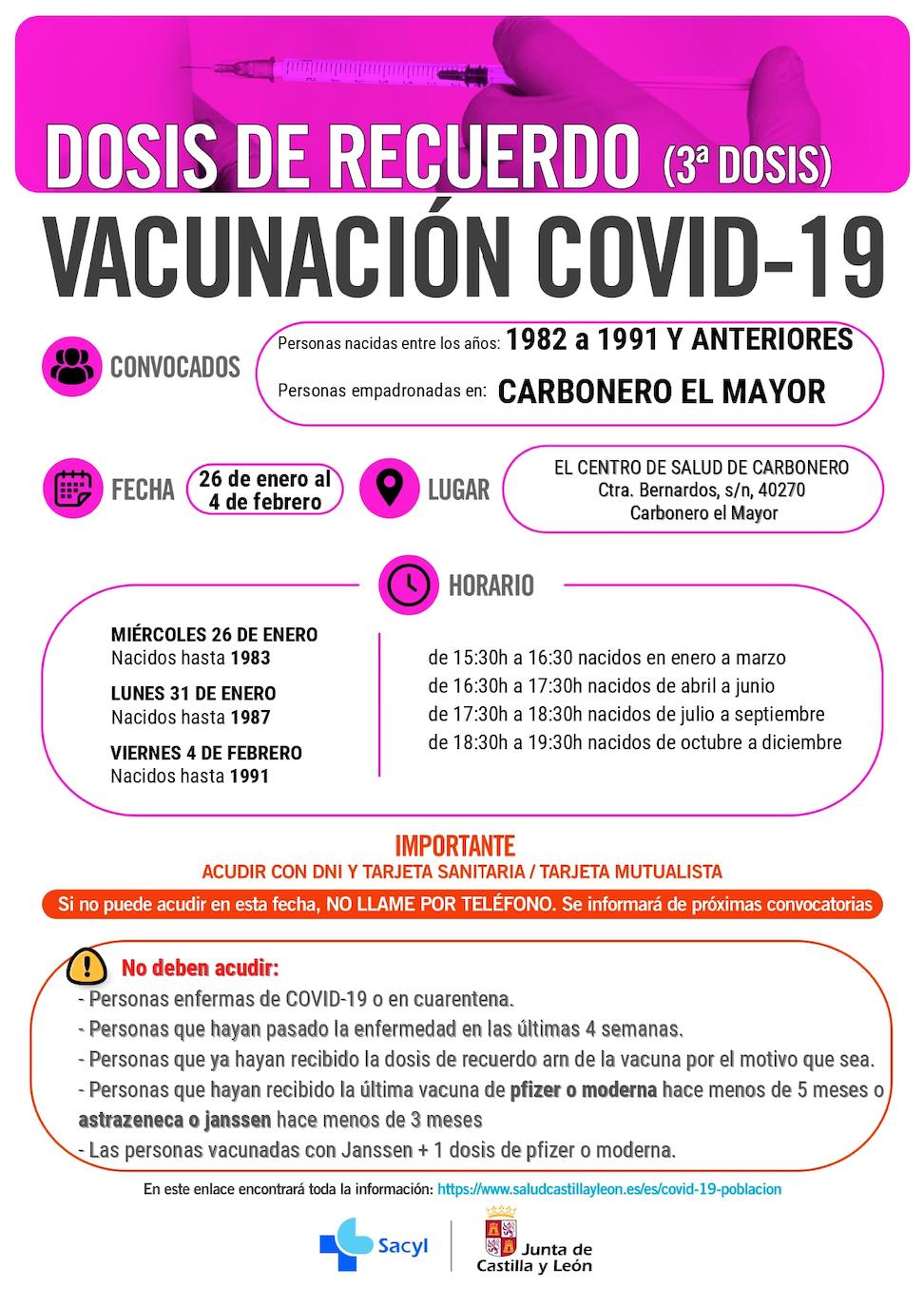 Información y horarios sobre la vacunación en Carbonero el Mayor.