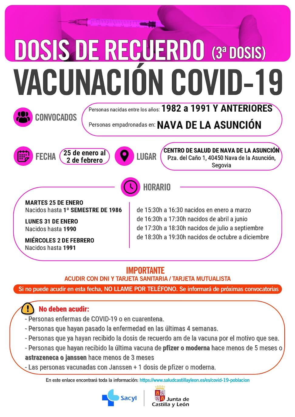 Información y horarios sobre la vacunación en Nava de la Asunción.