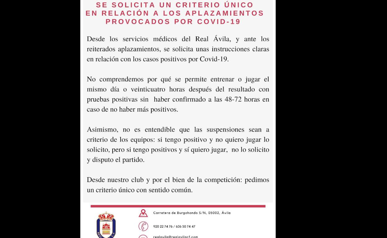 El Real Ávila acusa al CD Guijuelo de usar el protocolo covid a su gusto para aplazar el partido de hoy