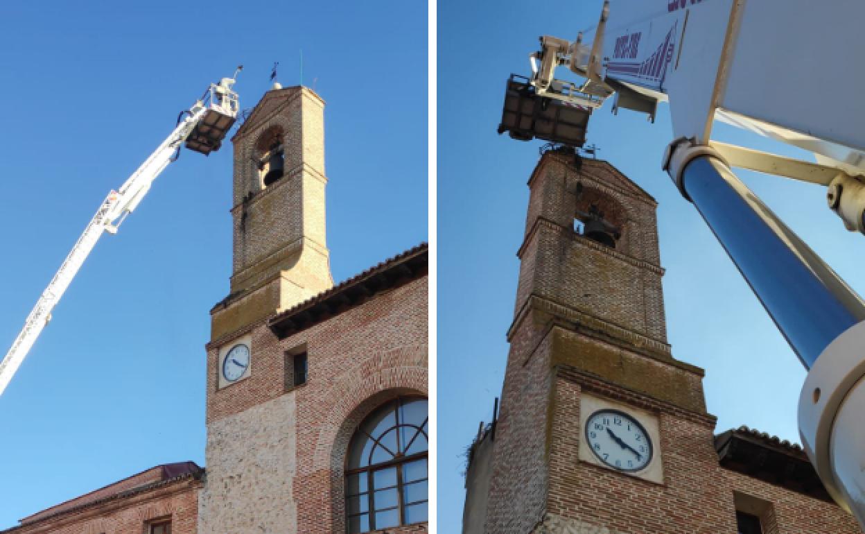 Los Bomberos retiran un nido de cigüeña en Olmedo. 