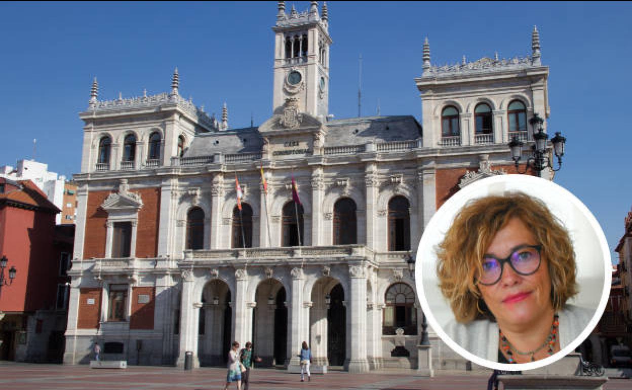 Fachada del Ayuntamiento de Valladolid. En pequeño, la concejala de Innovación y Desarrollo Económico, Charo Chávez. 
