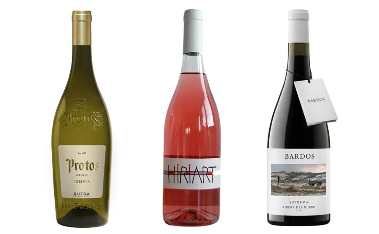 Protos Verdejo Reserva 2019, Rosado Lágrima 2021, Bardos Suprema 2018.  