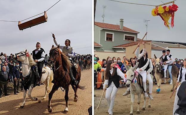 Los quintos de Torrelobatón (izquierda) y Pedrajas han corrido este lunes las cintas. 