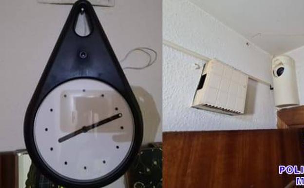 Detalle de las cámaras de vigilancia del piso de citas ocultas en un reloj y en una carcasa de ambientador. 