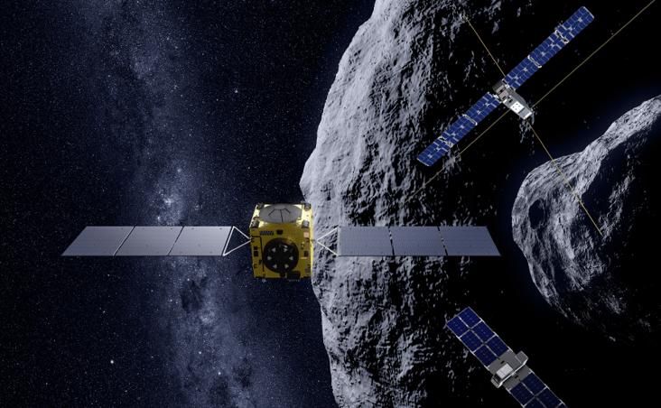 La misión Hera de la ESA vista con sus CubeSats en órbita alrededor de su sistema de asteroides objetivo.