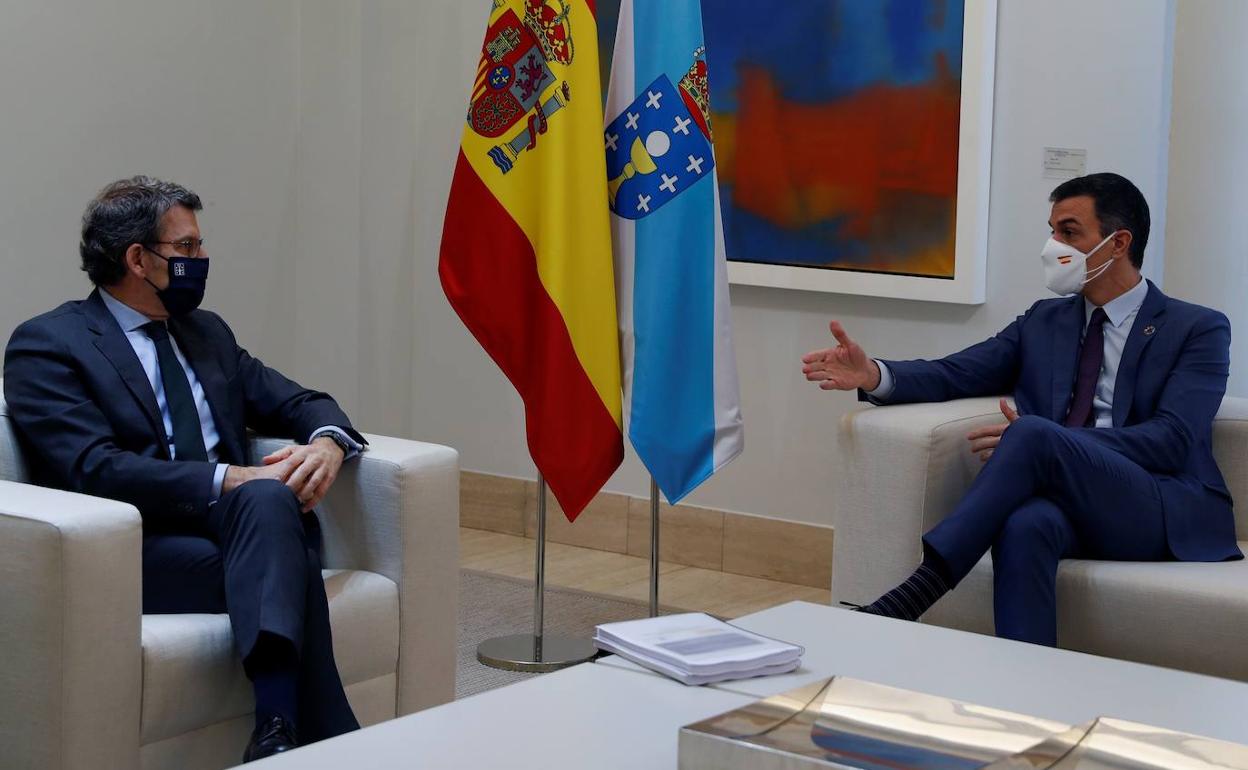 Alberto Núñez Feijóo y Pedro, en una reunión en La Moncloa en enero de 2021. 