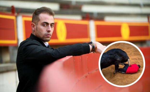 Isamel Viana, en la plaza de toros de Laguna de Duero. A la derecha, momento de la cogida. 