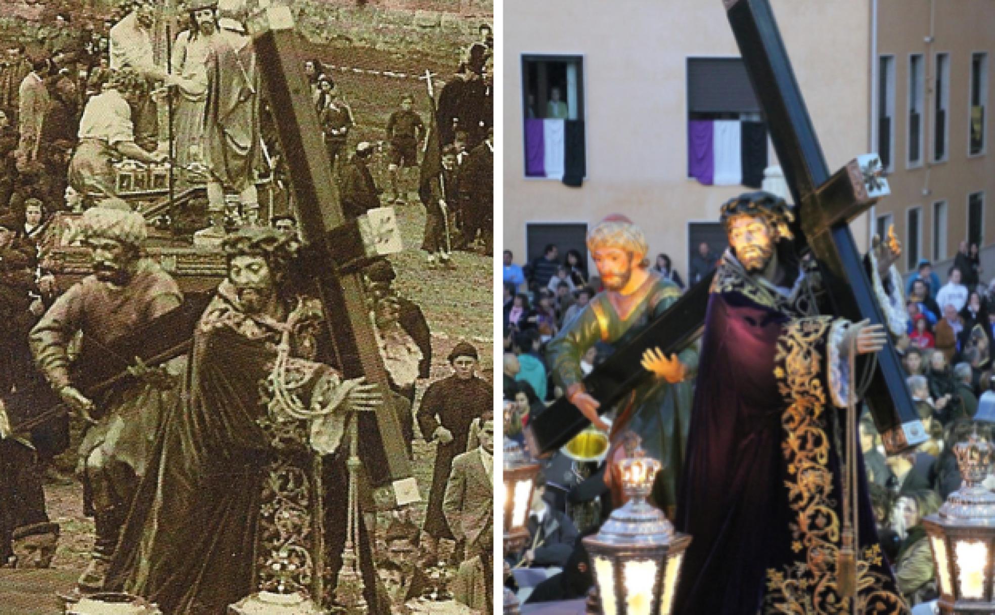 El Nazareno de Santa Cruz junto a la Desnudez y el Cristo de la Pasión en su procesión del Viernes Santo a mediados del siglo XX; y el mismo paso en la Semana Santa de 2015. 