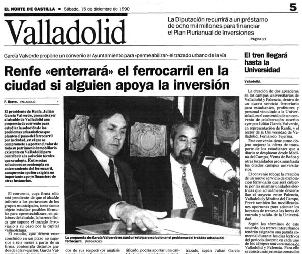 'Renfe «enterrará» el ferrocarril en la ciudad si alguien apoya la inversión.' El Norte de Castilla, 15 de diciembre de 1990.