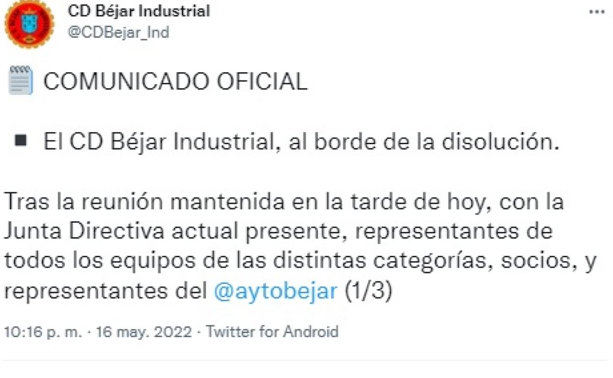 El Béjar Industrial asegura que está al borde de la disolución y habla de desidia en su ayuntamiento