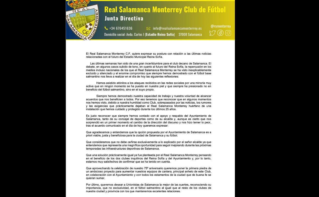 Comunicado del RS Monterrey. 