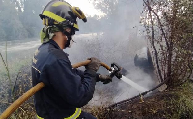 Labores de extinción de un incendio de pelusas en el parque del Socayo de Arroyo. 