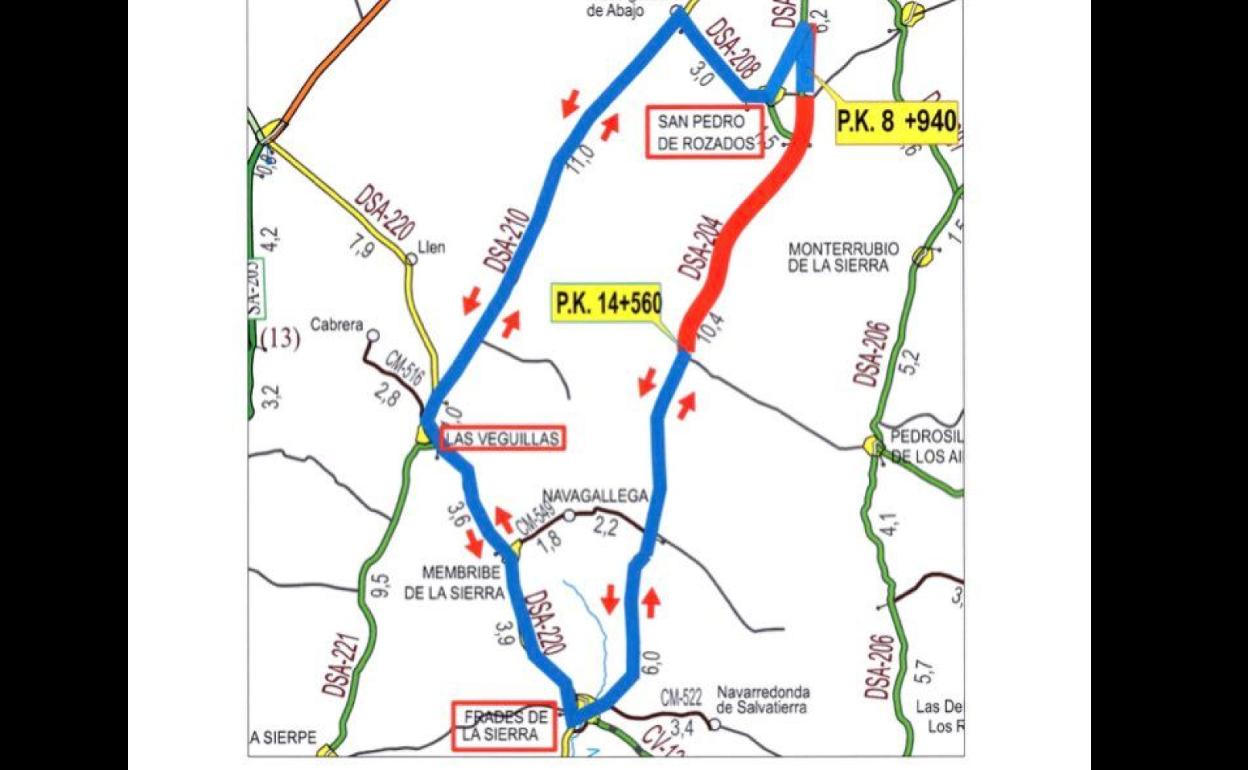 Corte de la carretera DSA-204 entre San Pedro de Rozados y la Finca Calzadilla de Mendigos