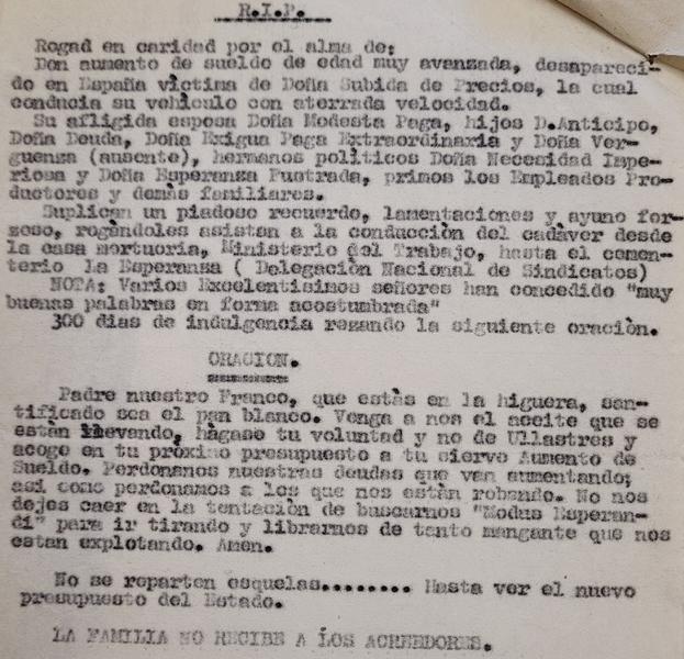 Jocosa hoja clandestina contra la política económica de Franco hallada en el Campo Grande el 20 de julio de 1962.