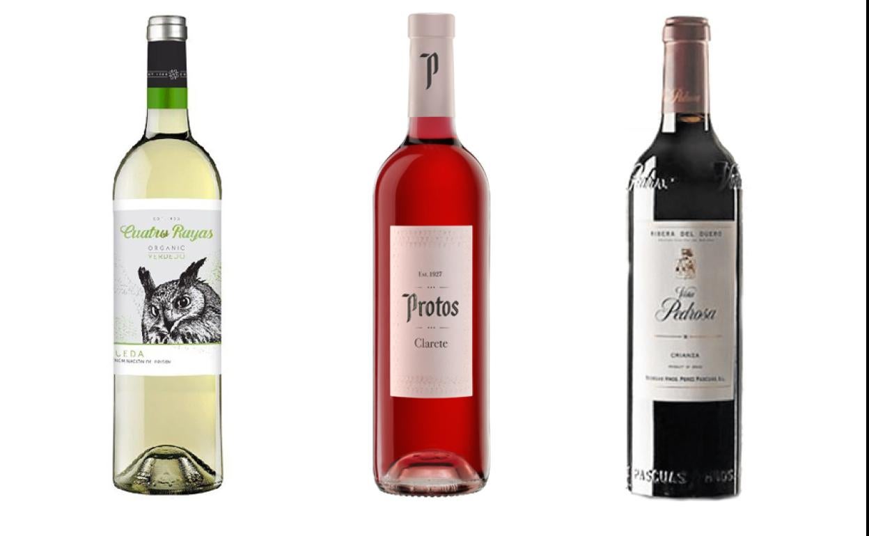 Cuatro Rayas Organic Verdejo 2021, Protos Clarete 2021 y Viña Pedrosa Crianza 2018. 