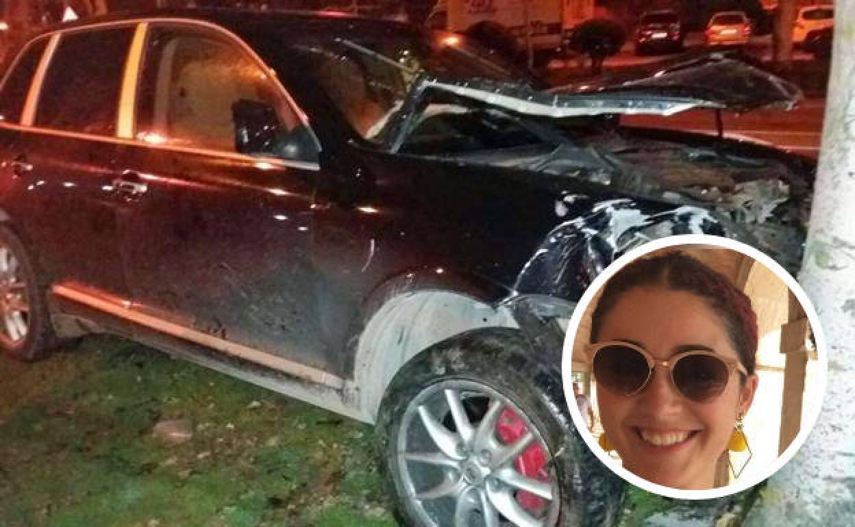 Estado del Porsche Cayenne del causante del accidente tras embestir el coche de Lucía, a la que se ve en el círculo.