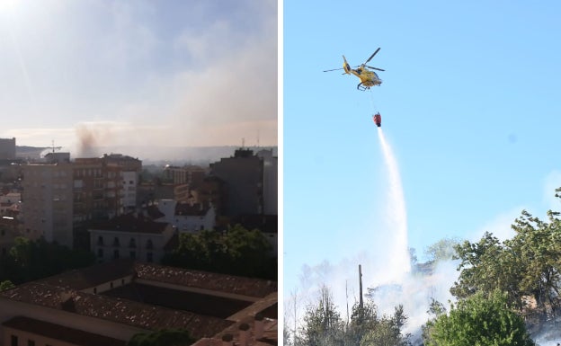 Imagen. Columna de humo del incendio originado en la cuesta de la Maruquesa y el helicóptero descarga agua en la zona del fuego. 