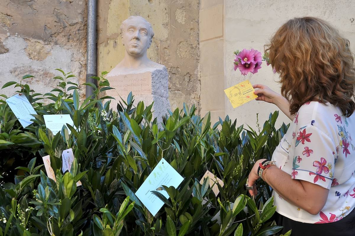 Una mujer coloca su felicitación a Antonio Machado en el patio de la Casa-Museo en Segovia.