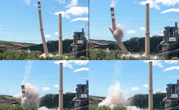 Derribo de una de las dos chimeneas de salida de humos de la central térmica de La Robla.