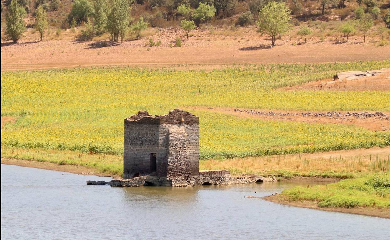 Una de las edificaciones que ha salido a la luz en el embalse de Ricobayo. 