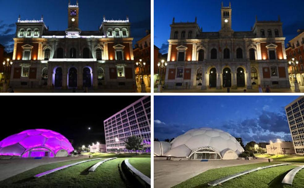 Antes y después del apagado de la fachada del Ayuntamiento y la Cúpula del Milenio, este martes. 