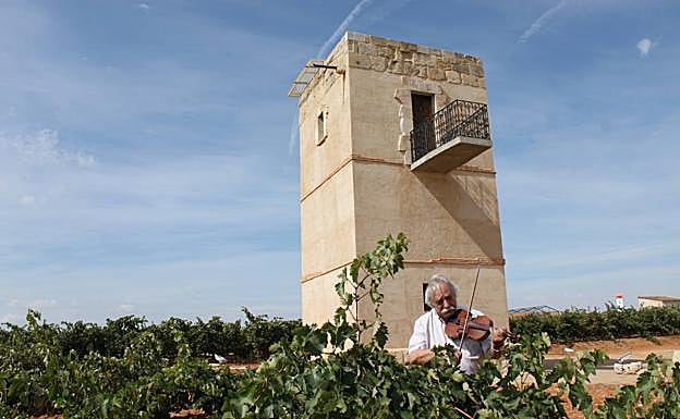 Juan Antonio Fernández toca el violín en la viña. 