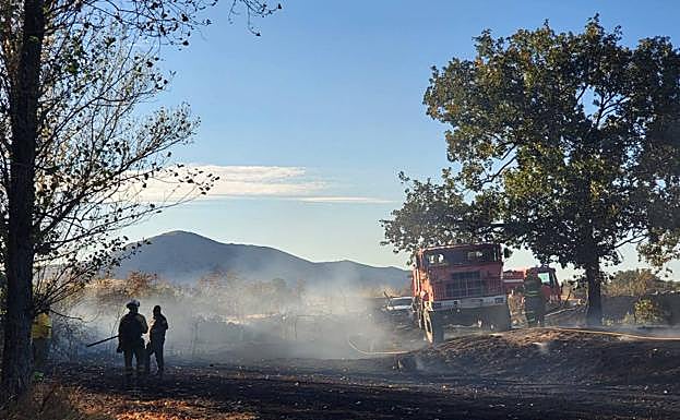 Bomberos y agentes forestales trabajan en la extinción del incendio de El Espinar.