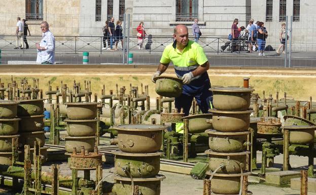 Un trabajador retira los focos de la fuente de Zorrilla. 