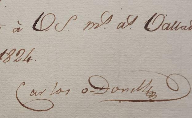 Firma de Carlos O´Donnell, en un documento reclamando algunas propiedades al ayuntamiento de Valladolid cuando era Presidente de la Chancillería de Valladolid.