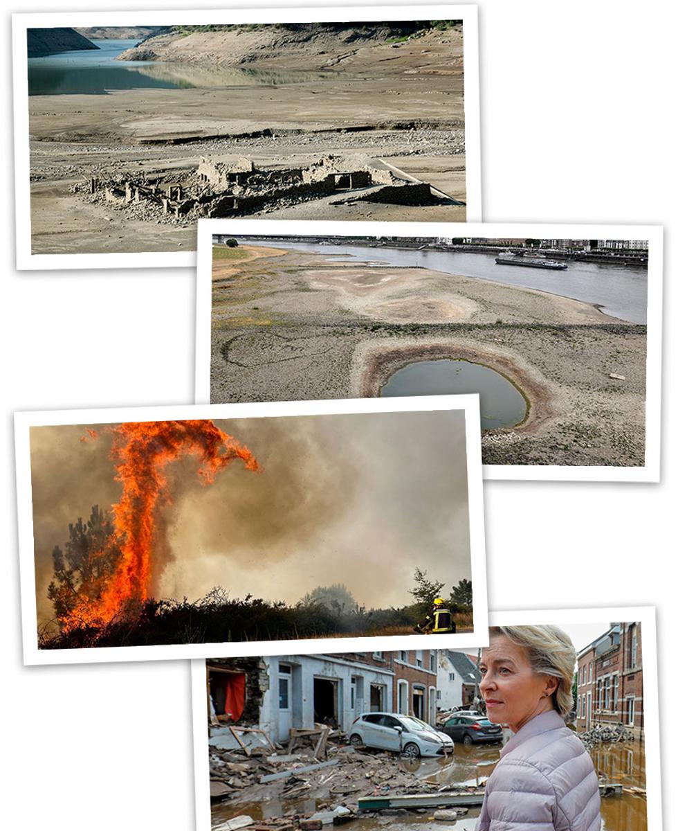 De arriba abajo: embalse de Bubál, en Huesca dejando al descubierto unas ruinas | El Rhin con un caudal especialmente reducido | Un bombero tratando de sofocar un incendio en Europa | Ursula von der Leyen visitando la localidad belga de Pepinster durante las inundaciones.