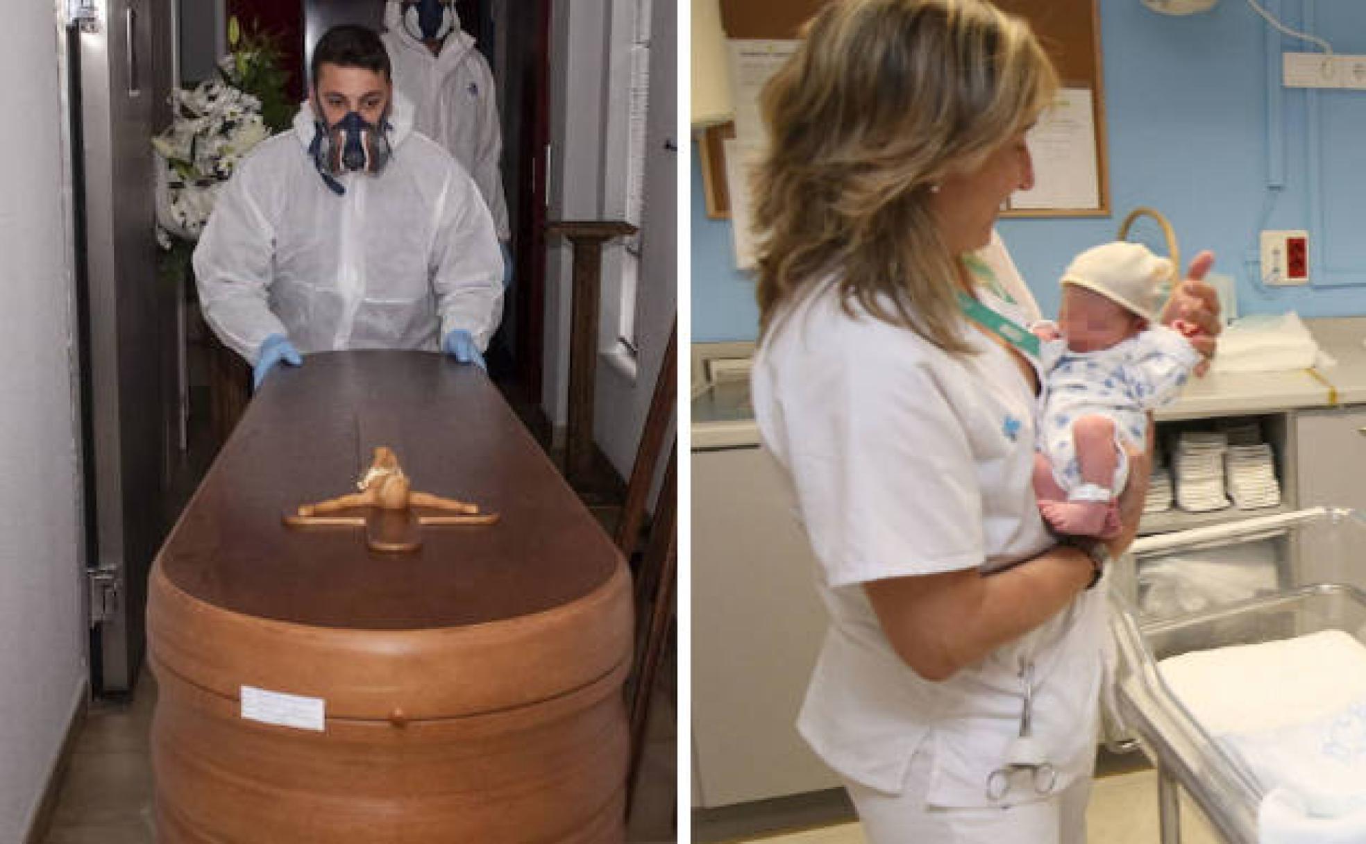 Un servicio de la funeraria traslada un cadáver durante la pandemia y un recién nacido en la maternidad del Hospital General. 