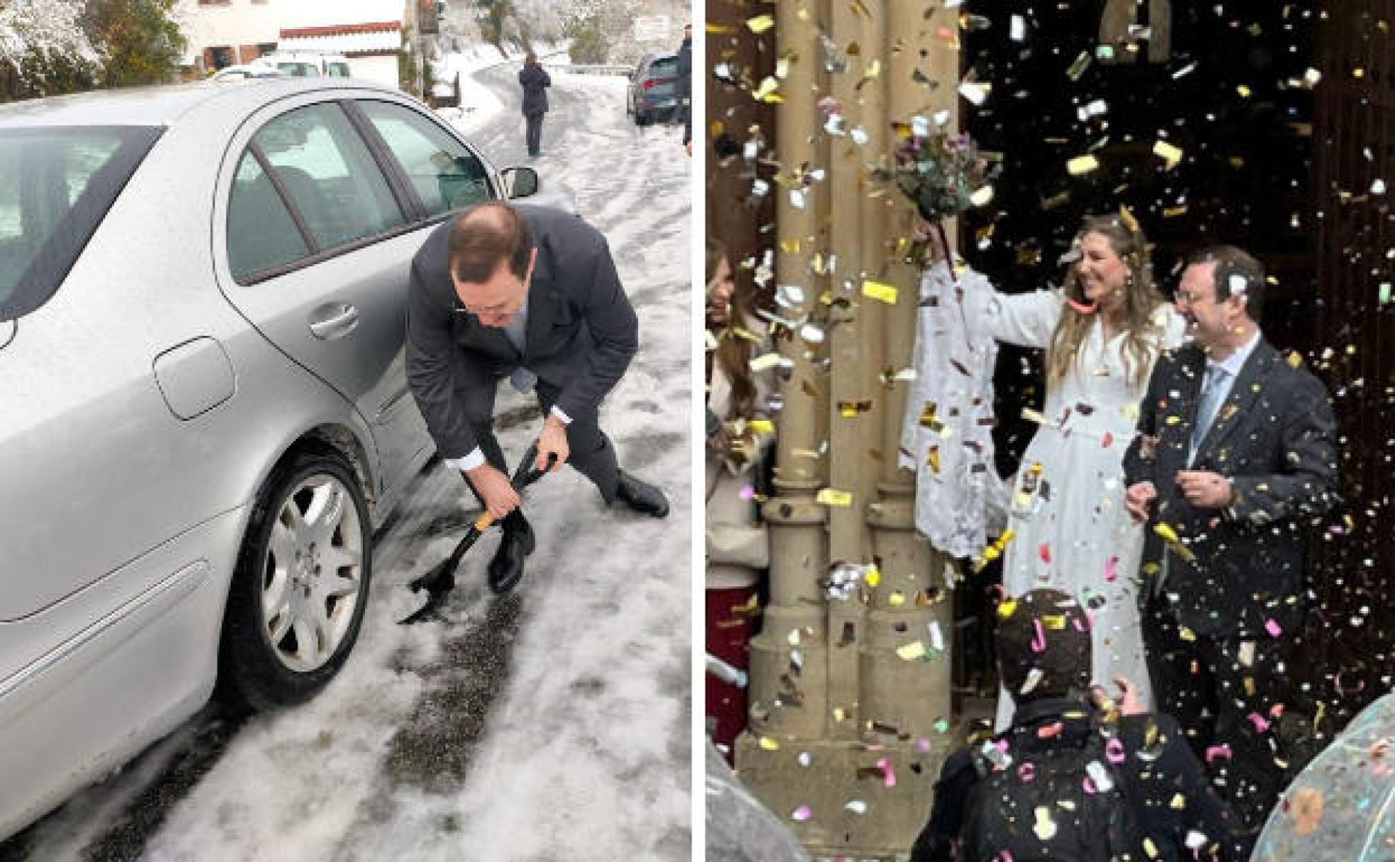 El propio novio limpia la nieve con una pala. A la derecha, la pareja sale de la Colegiata de Roncesvalles tras el enlace. 
