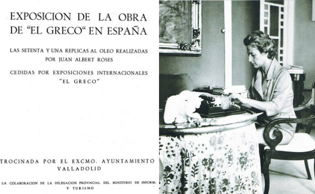 A la izquierda el catálogo de la exposición y a la derecha Leonor en su casa de Madrid escribiendo un artículo para El Norte de Castilla.