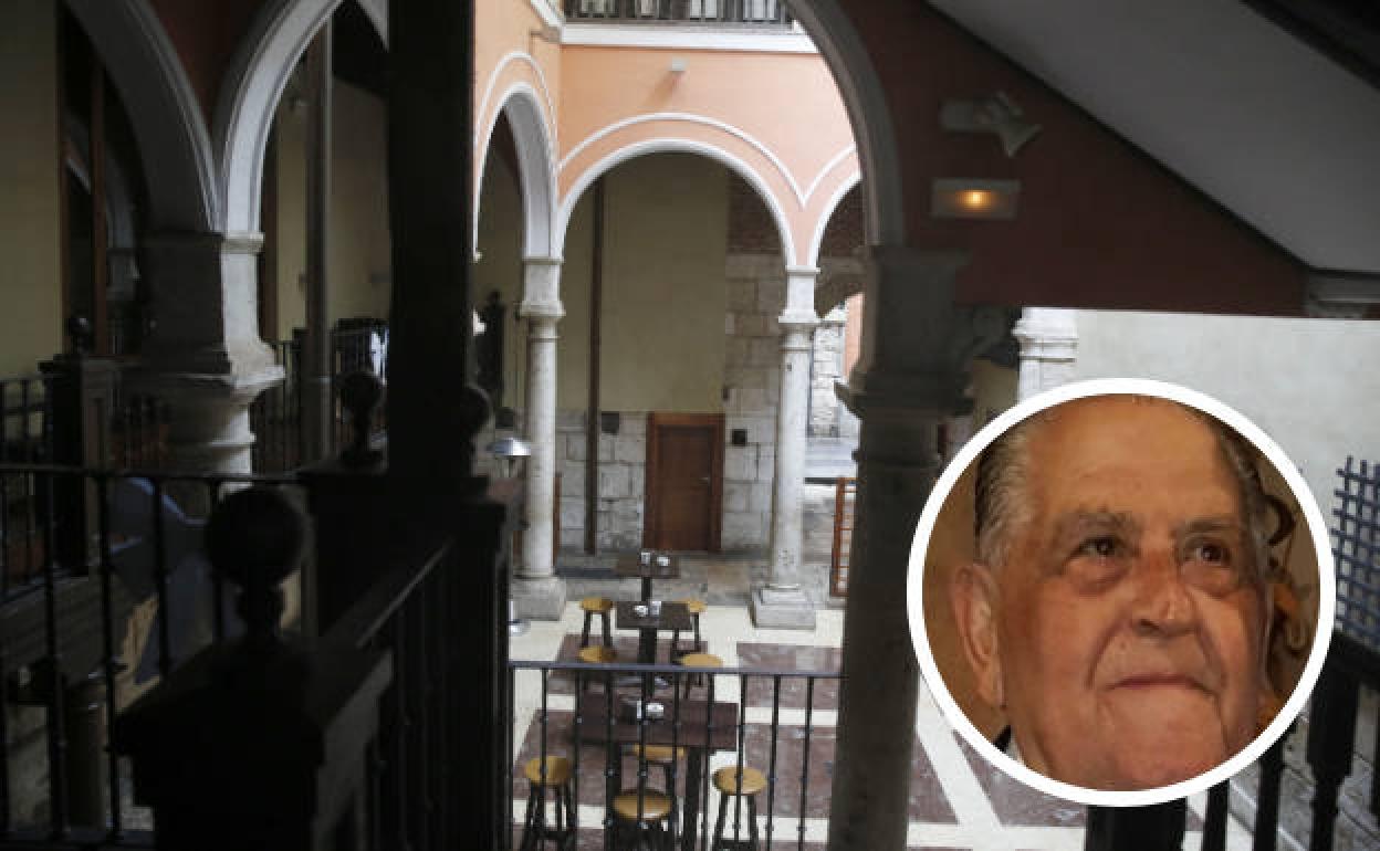 Una imagen de Santiago Vielba Cuadrado cedida por la familia y el Patio del Caballo de Troya en el que se ubica el restaurante Santi en Valladolid. 