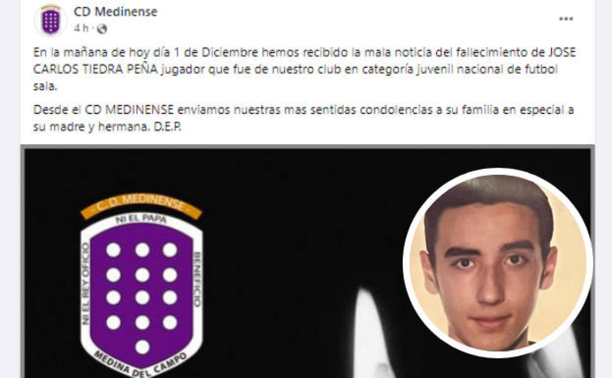 Captura de pantalla del mensaje difundido en Facebook por el CD Medinense. En el círculo, José Carlos Tiedra.