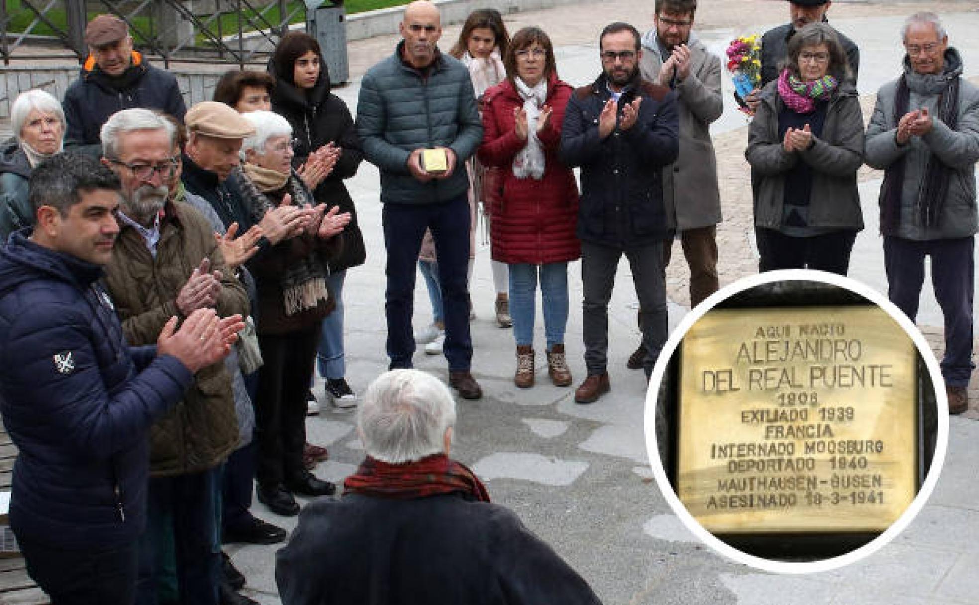 Vecinos, representantes municipales y familiares aplauden en el homenaje de este sábado a Alejandro del Real en Valverde del Majano. En el círculo, el adoquín dorado en memoria del asesinado en un campo nazi. 