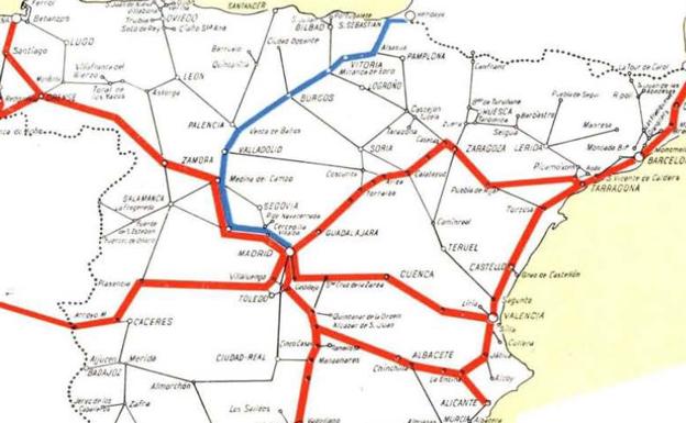 Mapa del anuario del Congreso Internacional de Ferrocarriles celebrado en Madrid en 1958 con la línea Madrid-Hendaya en azul